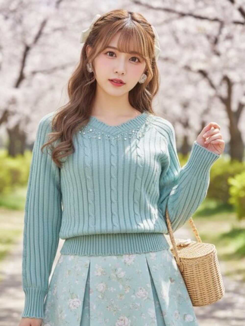 AXES FEMME J-fashion cable knit pearl and bijoux detail sweater